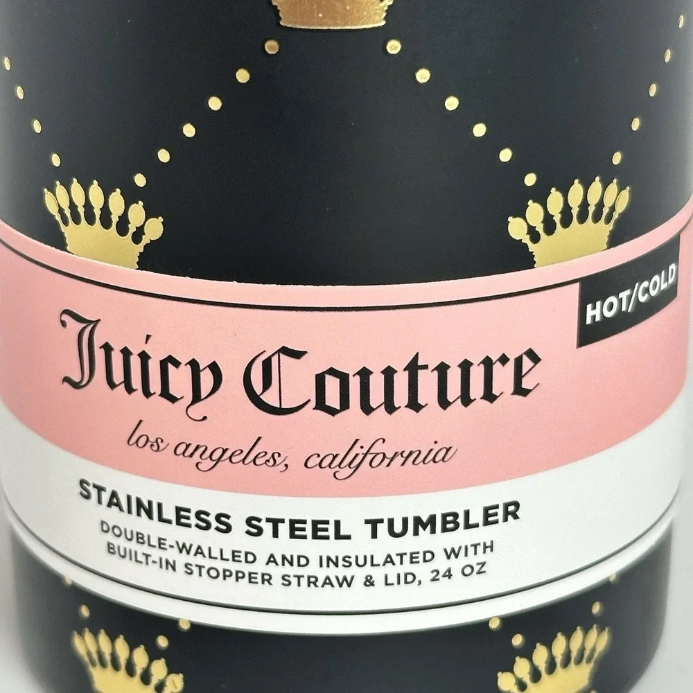 Juicy Couture Crown Monogram Stainless Steel Tumbler Pink Straw 24 Oz